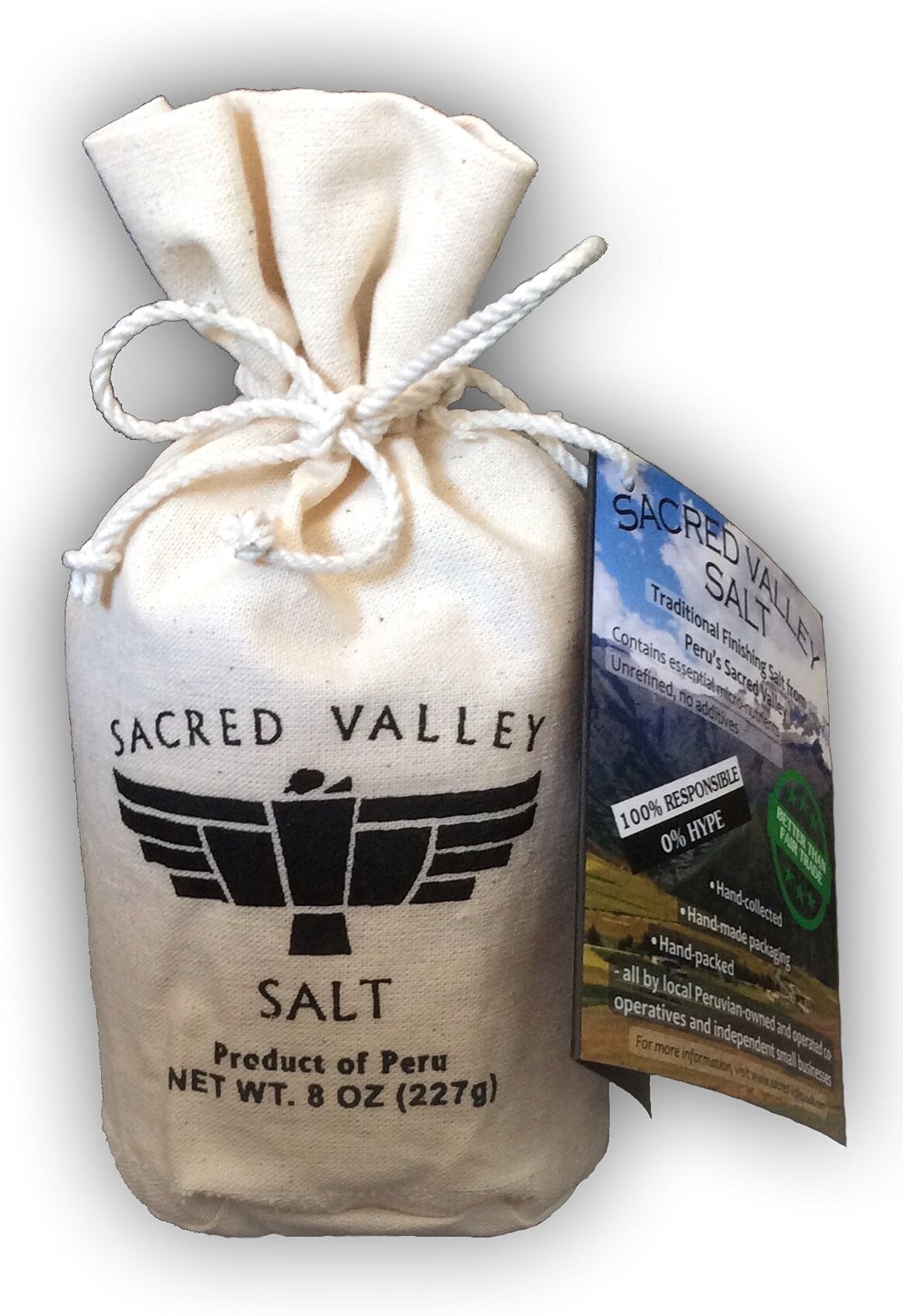Sacred Valley Salt front pouch showing artisan canvas packaging and brand
