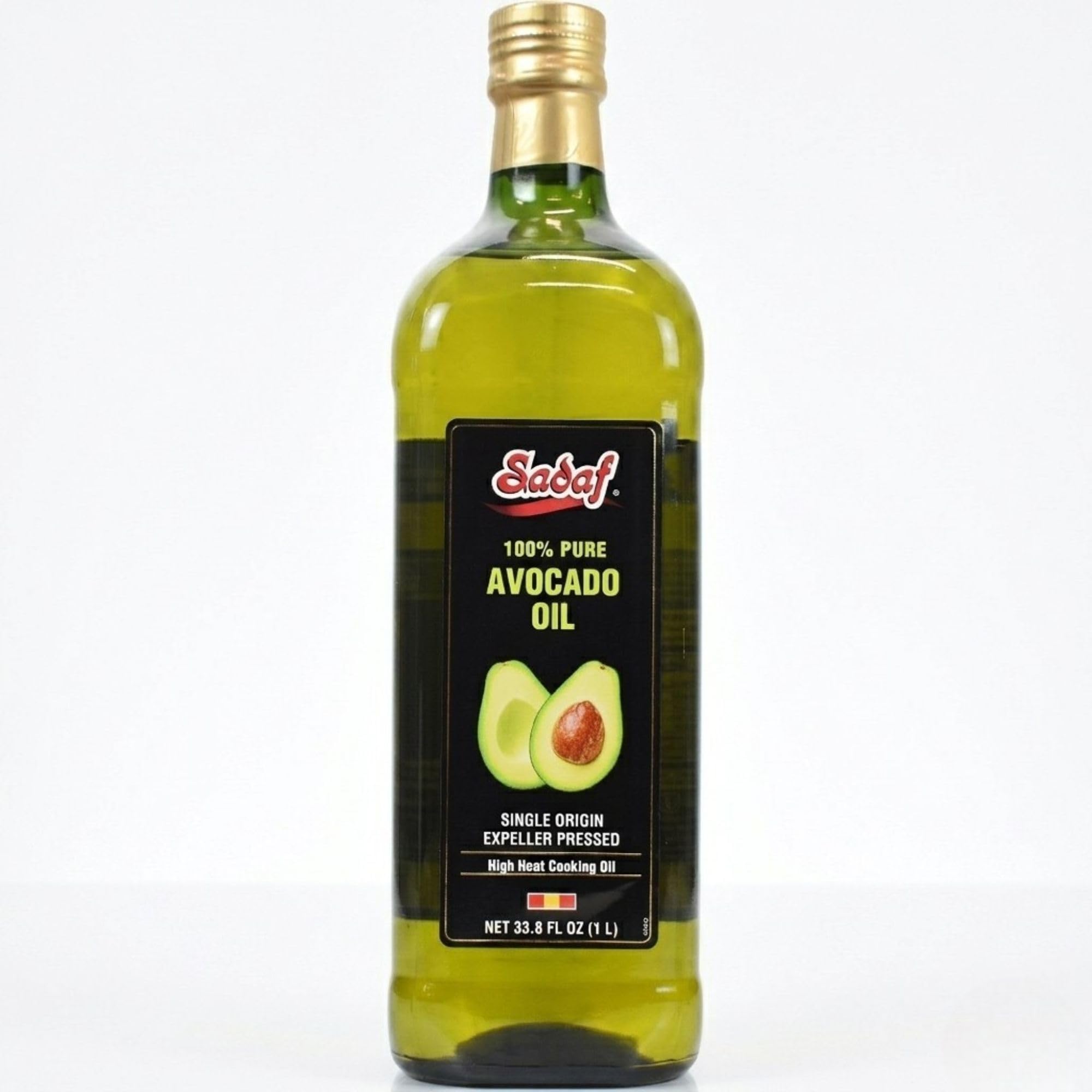 Sadaf avocado oil front glass bottle showing clear labeling and glass benefit