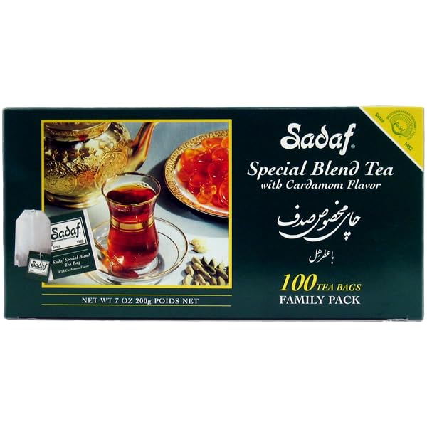 Sadaf front box view showing cardamom tea branding and family pack convenience