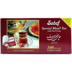 Sadaf Earl Grey box front showing packaging and easy tea preparation benefit