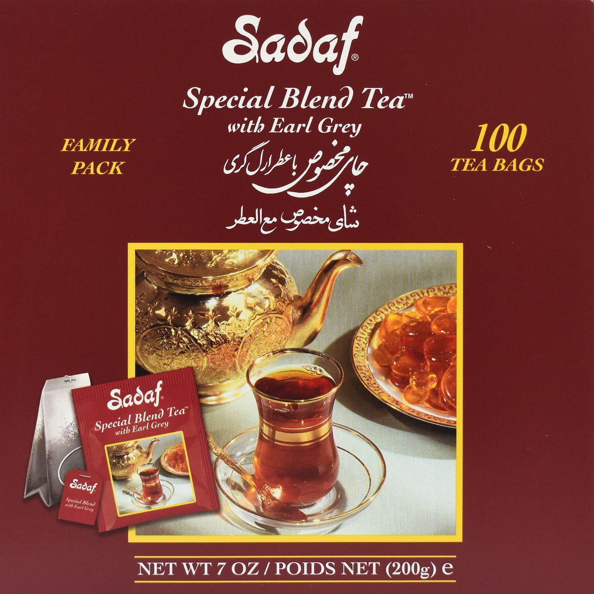 Sadaf front pack showing 100 tea bags and clear branding for convenient storage