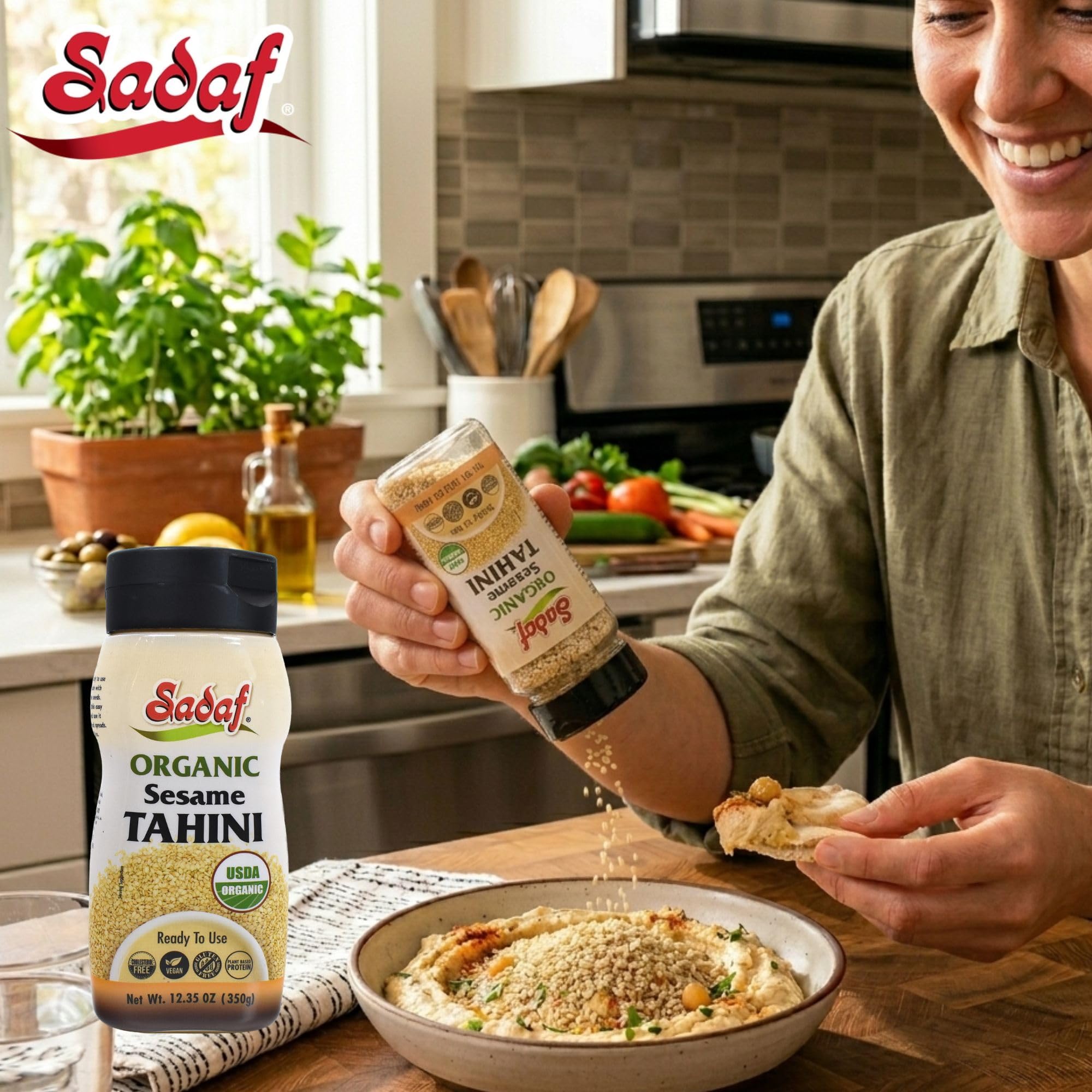 Sadaf tahini bottle next to measuring cup showing compact 12.35 oz size
