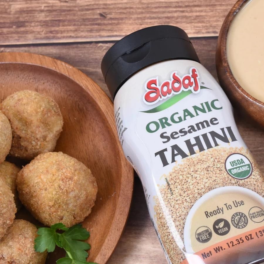 Sadaf tahini label close-up with USDA organic badge ensuring quality