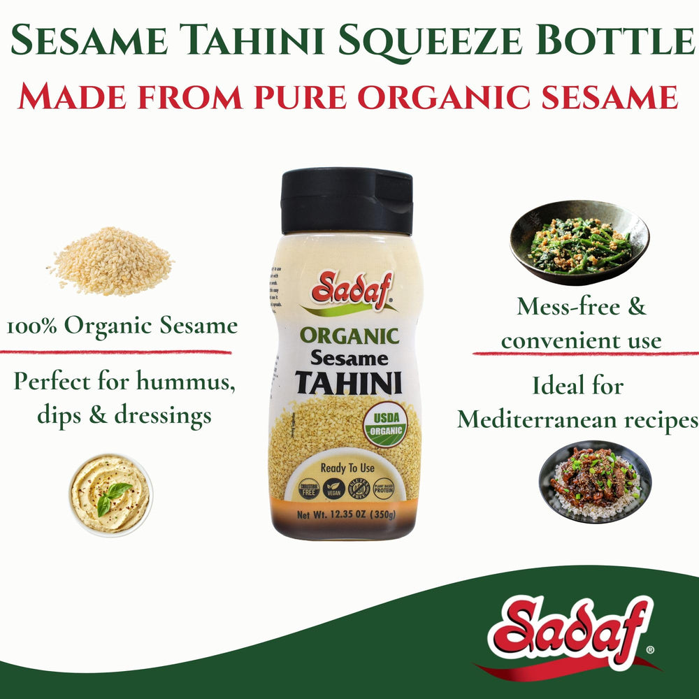 Sadaf squeeze bottle pouring tahini with controlled drizzle for less mess