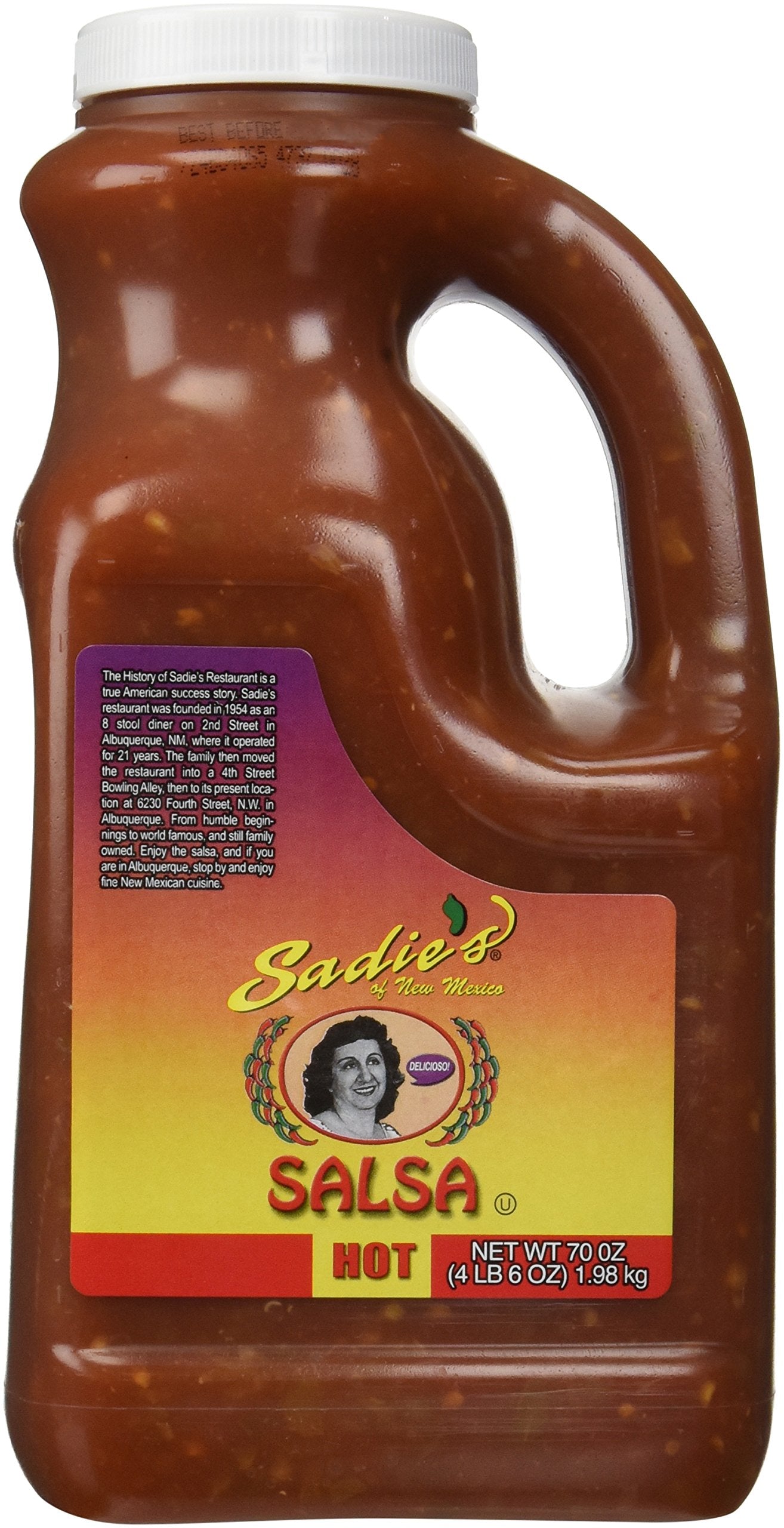 Sadie's hot salsa front label showing jar and ingredients for bold flavor