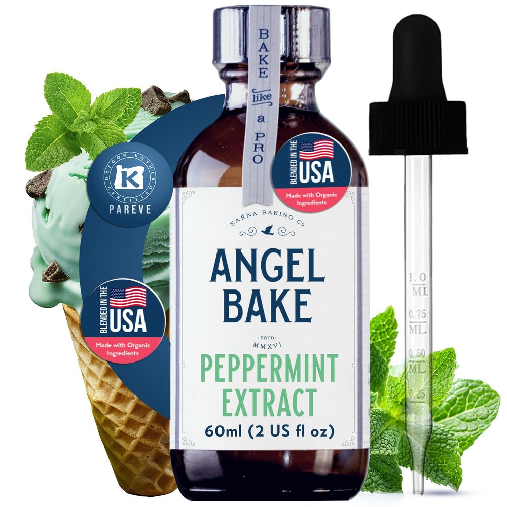 SAENA BAKING CO front label showing peppermint extract and clear dosing benefit