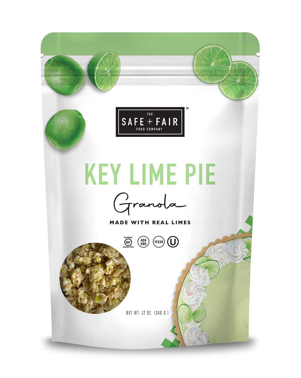 The Safe + Fair Food Company bag front view showing key lime pie granola benefits