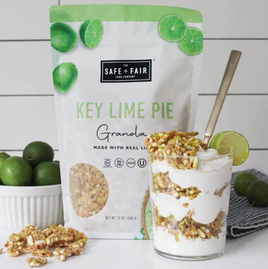 Clear ingredient and certification label on The Safe + Fair Food Company granola package