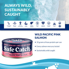 Safe Catch opened can displaying pink salmon flakes and natural juices for ready eating
