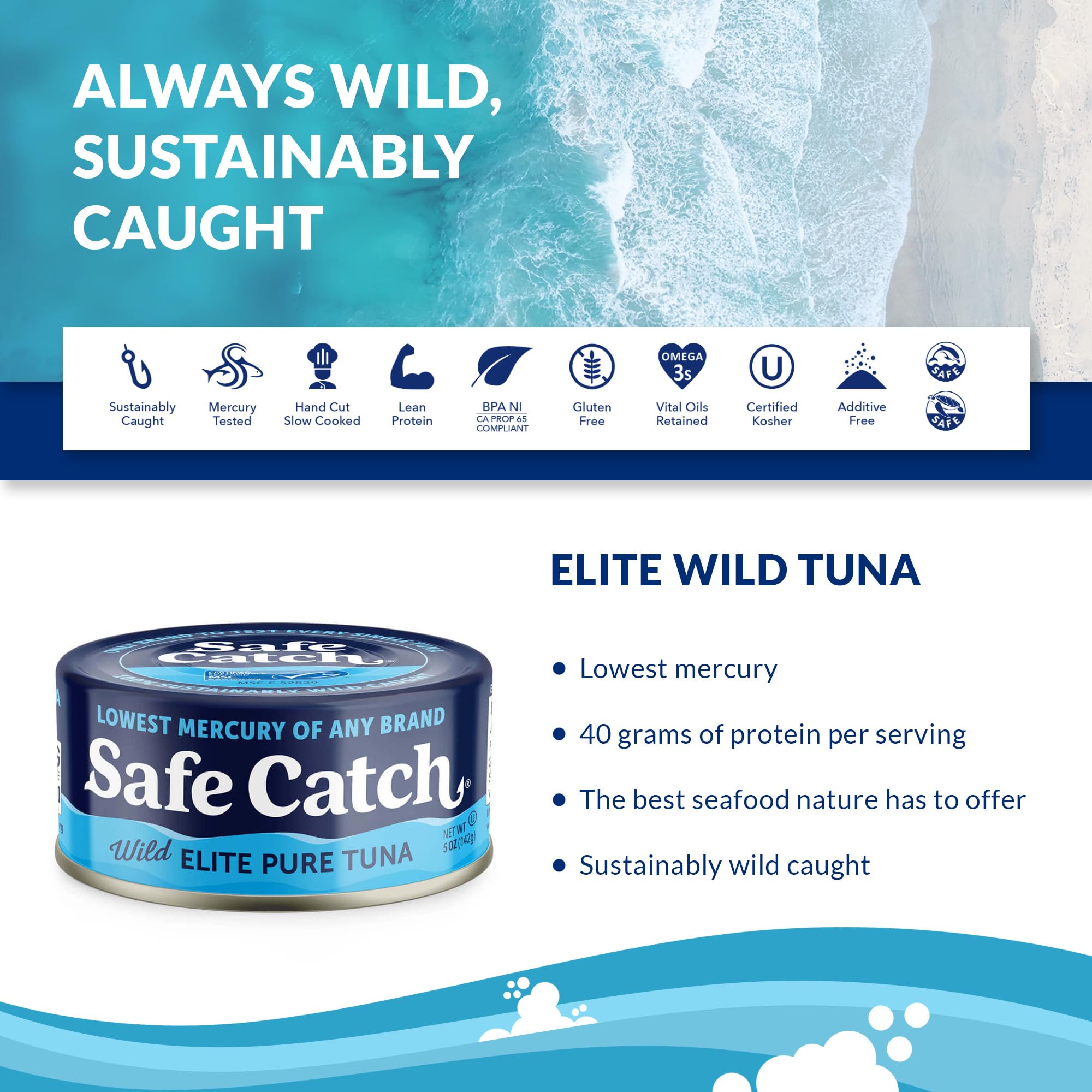Safe Catch open can with solid tuna visible, ready to eat and high in protein