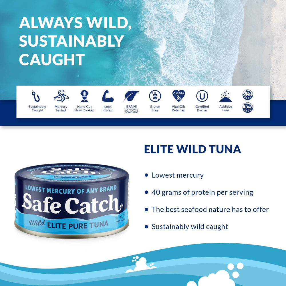 Safe Catch open can with solid tuna visible, ready to eat and high in protein