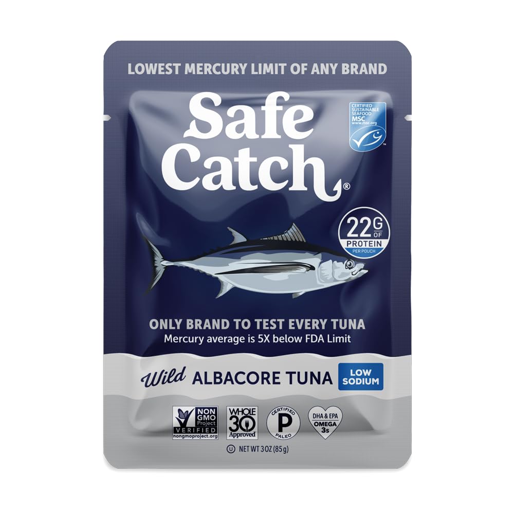 Safe Catch front packaging showing 3oz pouch and low sodium benefit