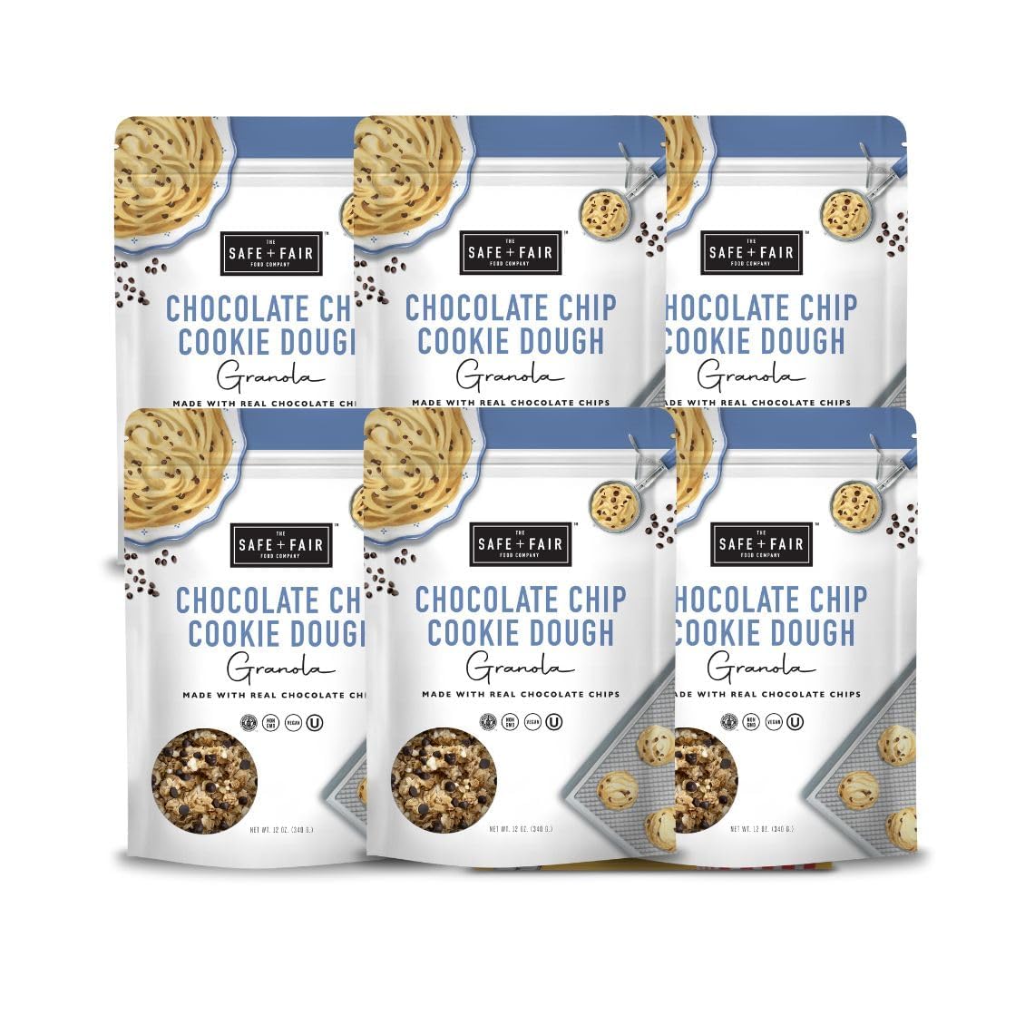 The Safe + Fair front packaging shows vegan gluten-free granola and convenience