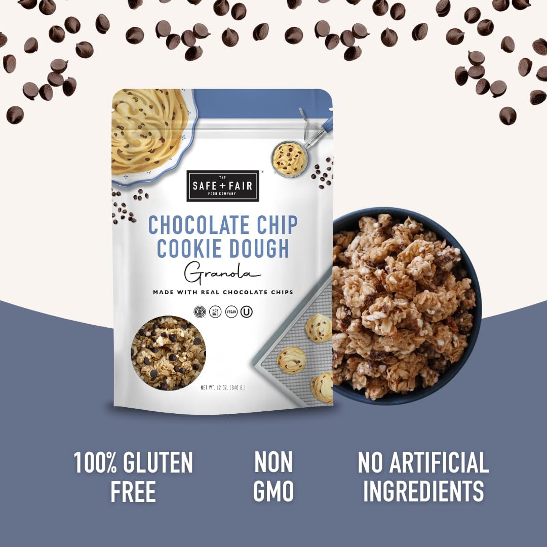 The Safe + Fair close-up of crunchy clusters and dairy-free chocolate chips for texture