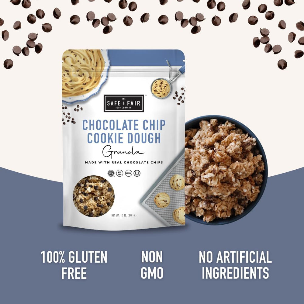 The Safe + Fair close-up of crunchy clusters and dairy-free chocolate chips for texture
