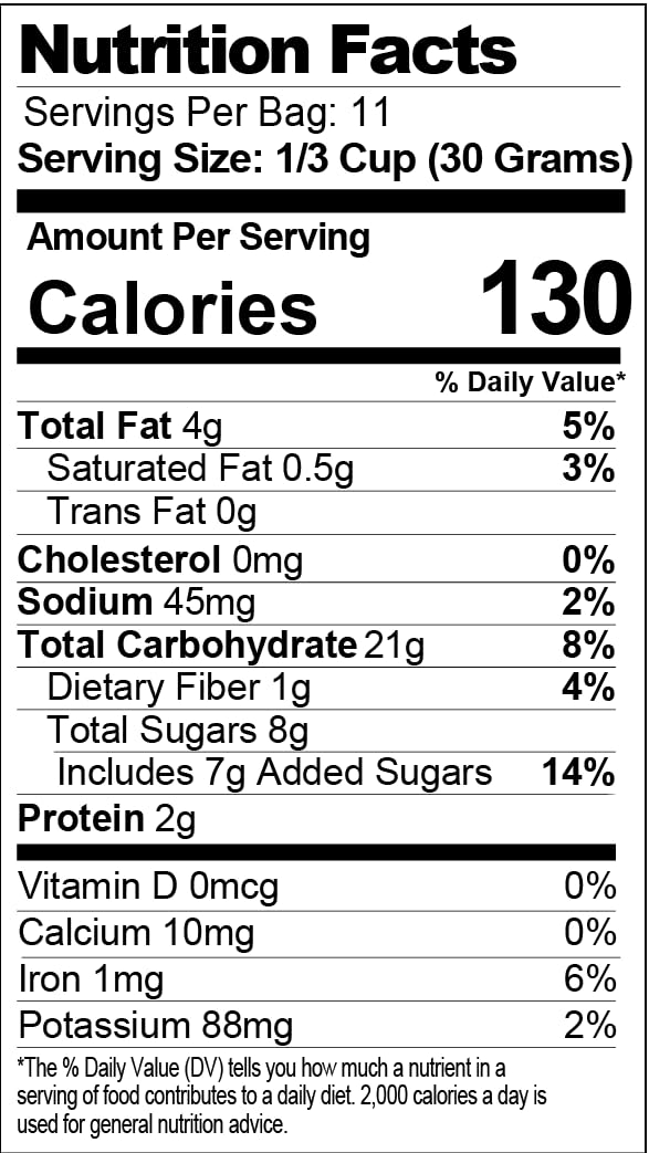 Open bag revealing crunchy granola texture from The Safe + Fair for snacking convenience