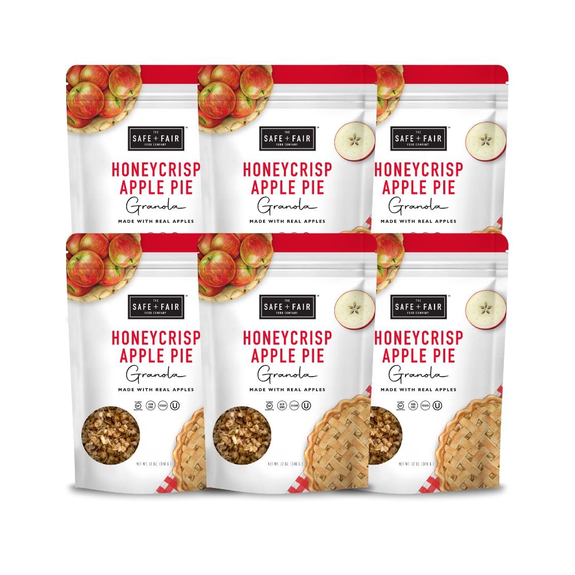 The Safe + Fair Food Company front package showing honeycrisp apple pie granola benefits