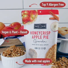 Close-up of oats and Honeycrisp apple pieces illustrating The Safe + Fair real ingredients