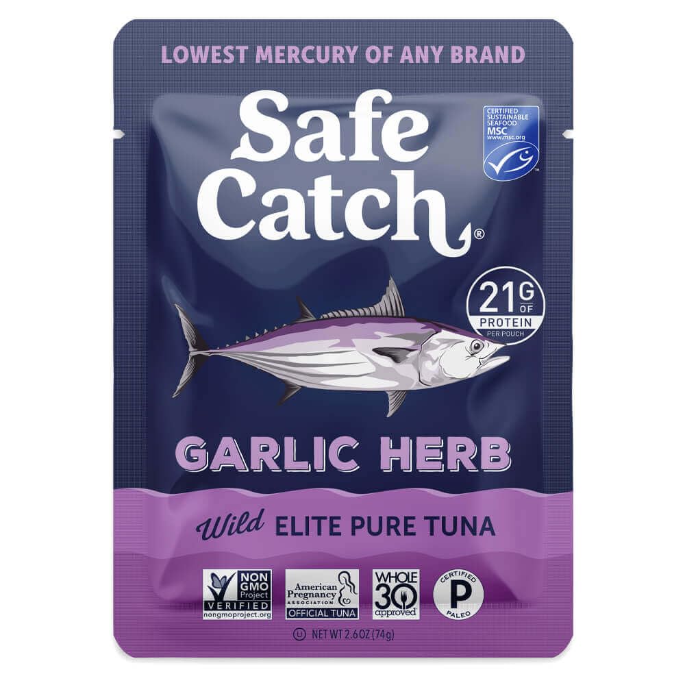 Safe Catch front packaging showing garlic herb flavor and low mercury benefit