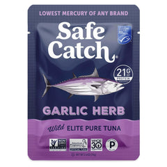 Safe Catch front packaging showing garlic herb flavor and low mercury benefit