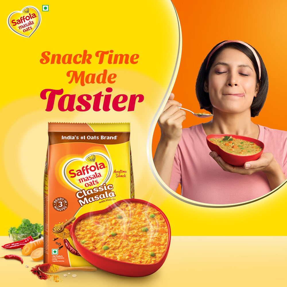 Saffola prepared bowl of Masala Oats with steam, highlighting quick wholesome meal