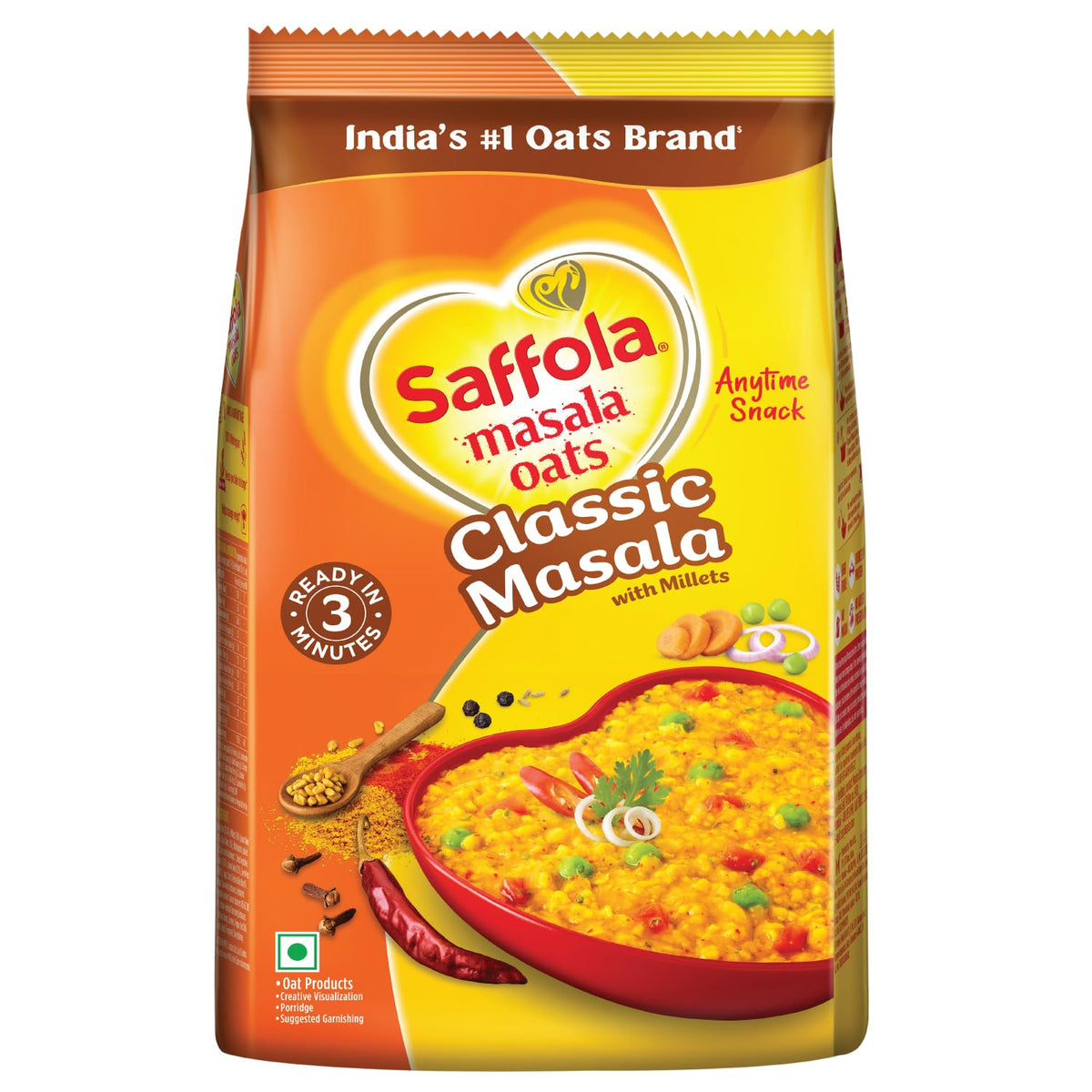 Saffola front pack showing Classic Masala and 500 g size, clear benefit fast meal