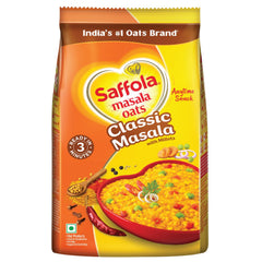 Saffola front pack showing Classic Masala and 500 g size, clear benefit fast meal