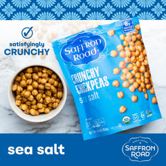 Saffron Road close-up of roasted chickpea texture showing crunchy bite benefit