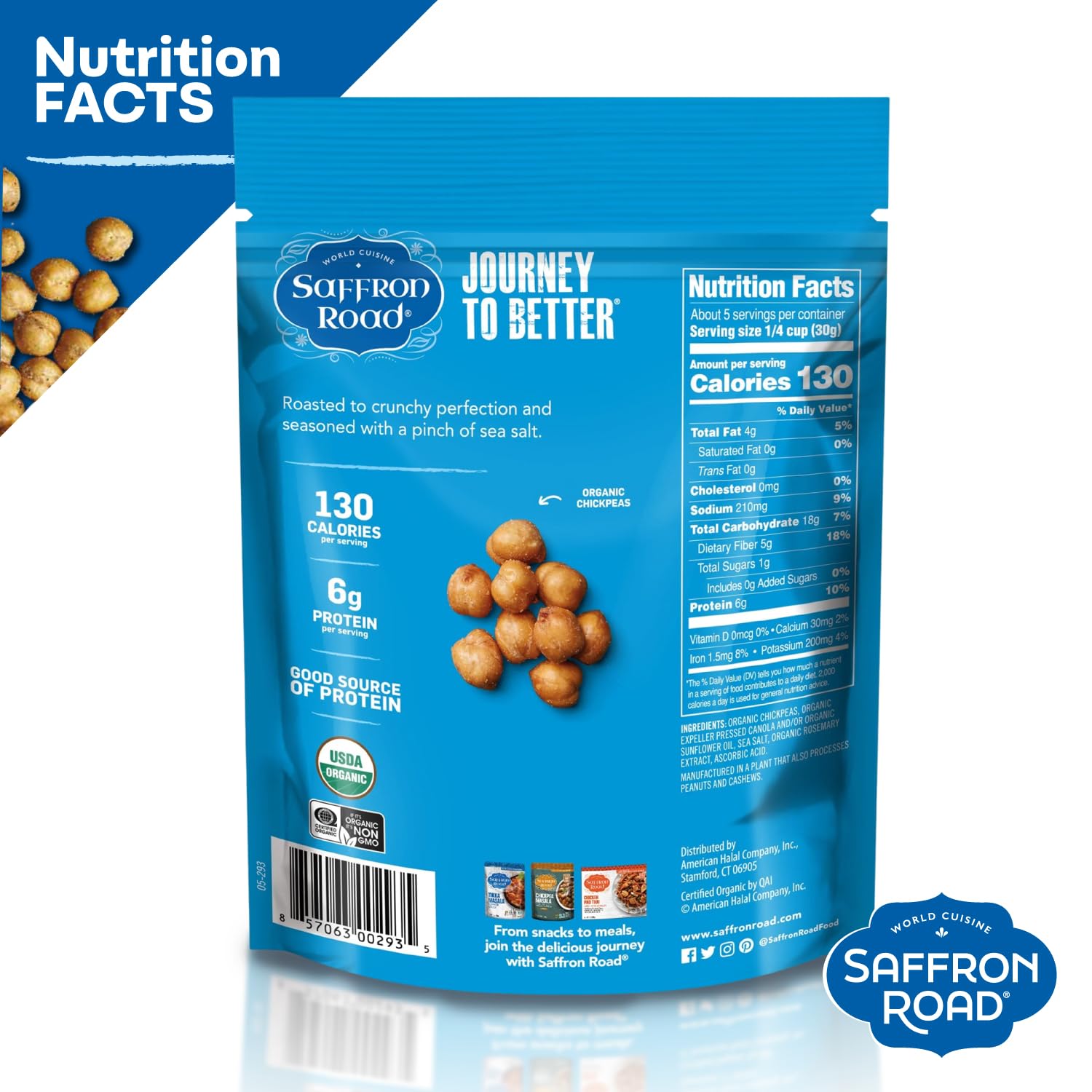 Saffron Road nutrition label and certifications displaying clean-label assurance