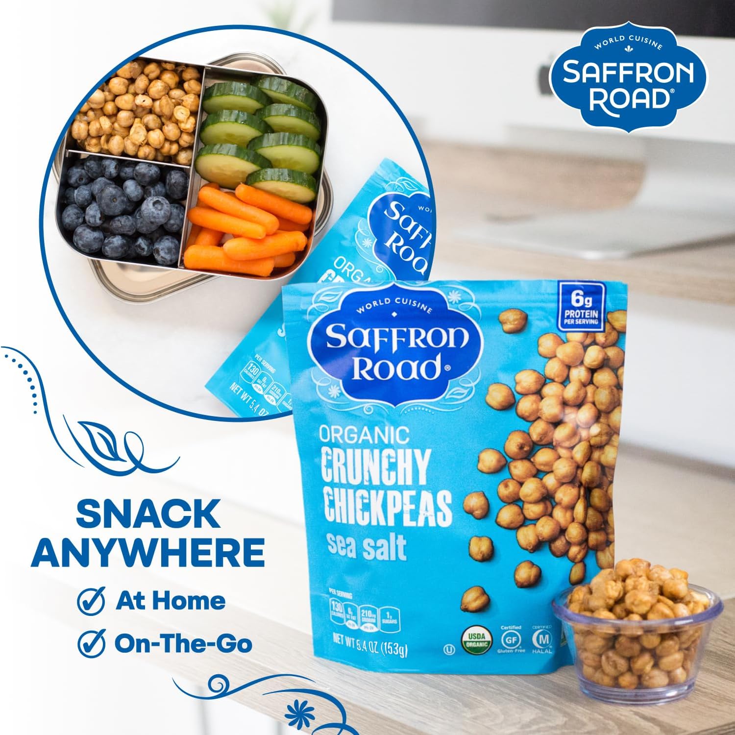 Saffron Road pouch in hand showing 5.4oz size and portable snack benefit