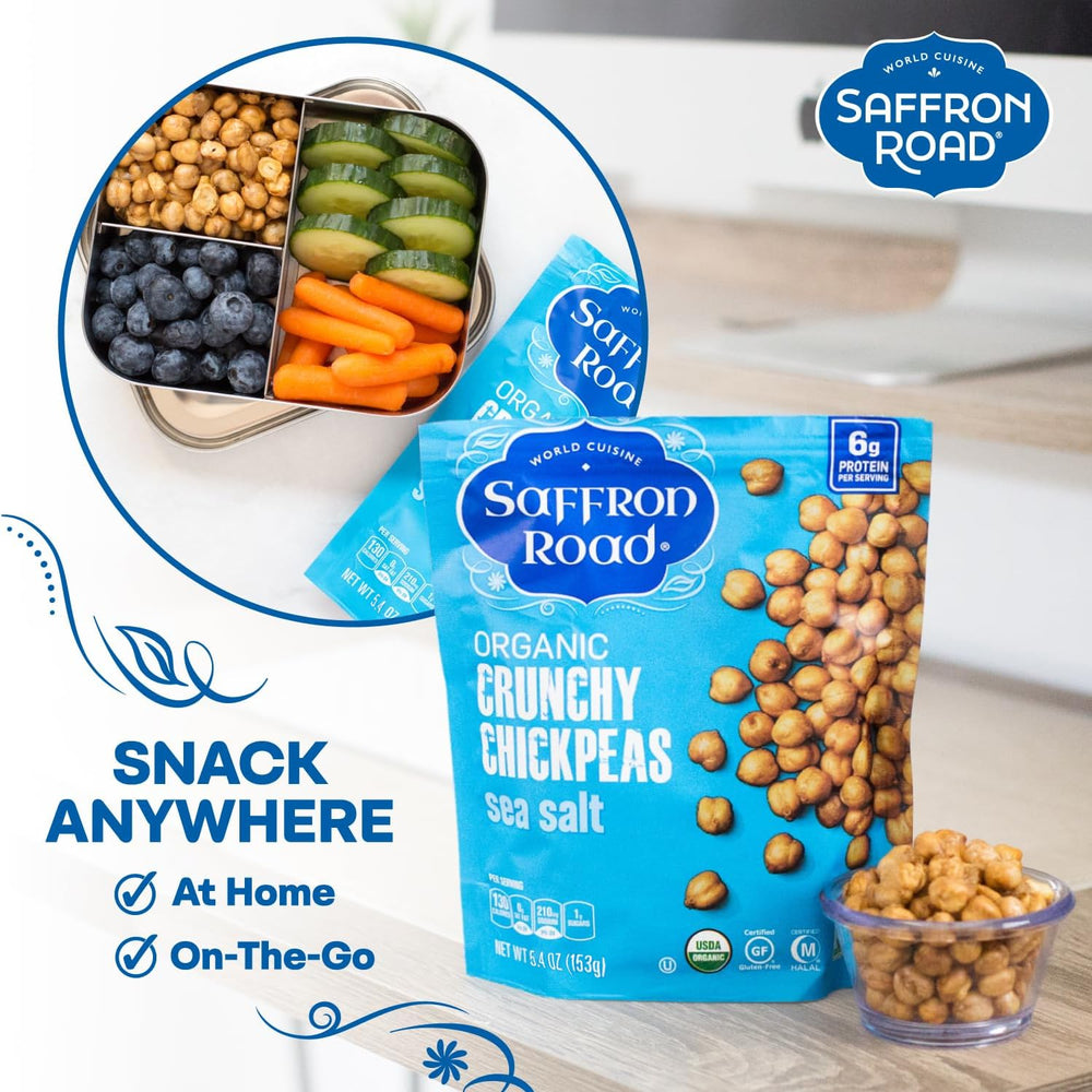 Saffron Road pouch in hand showing 5.4oz size and portable snack benefit