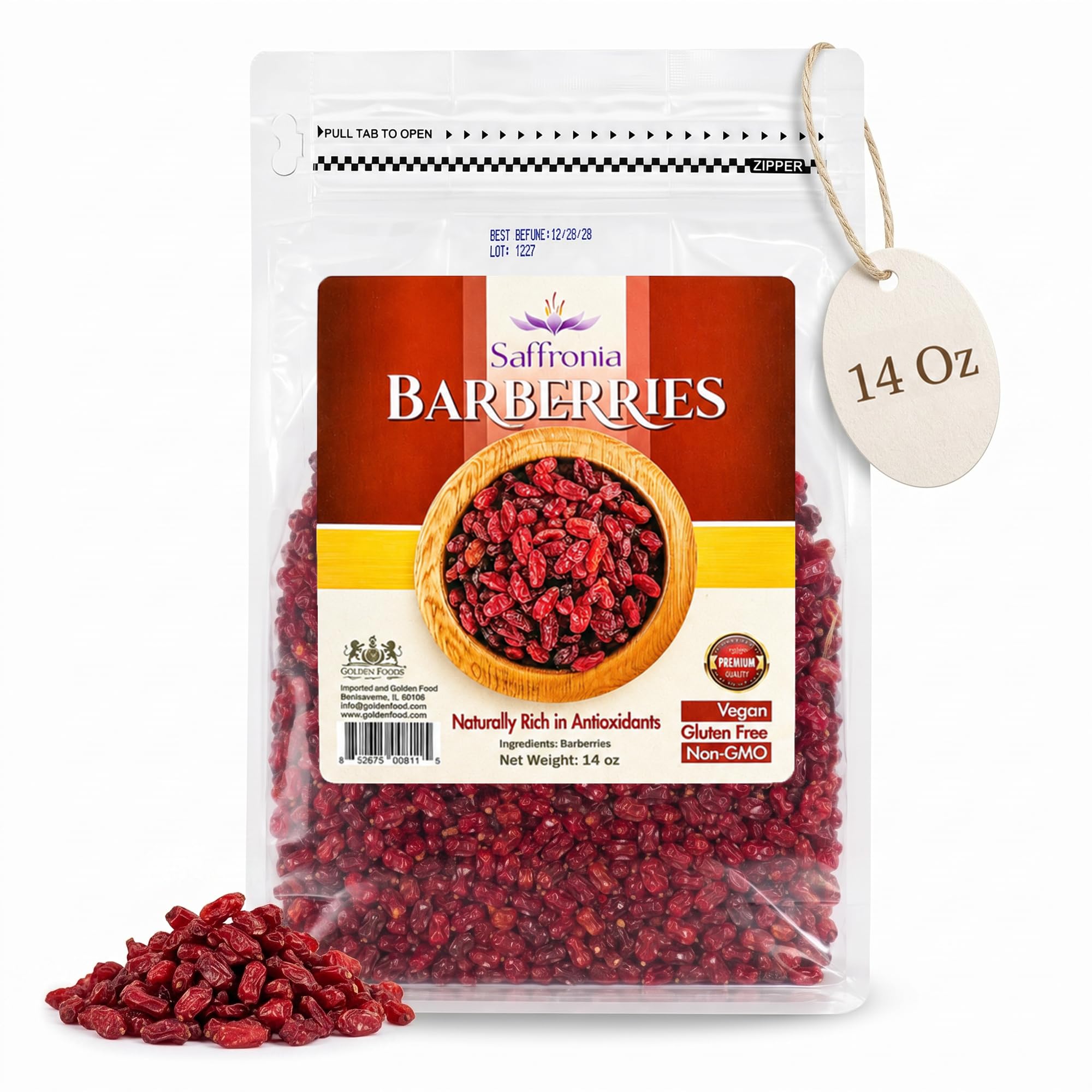 Saffronia front package view showing 14 oz barberries and benefits