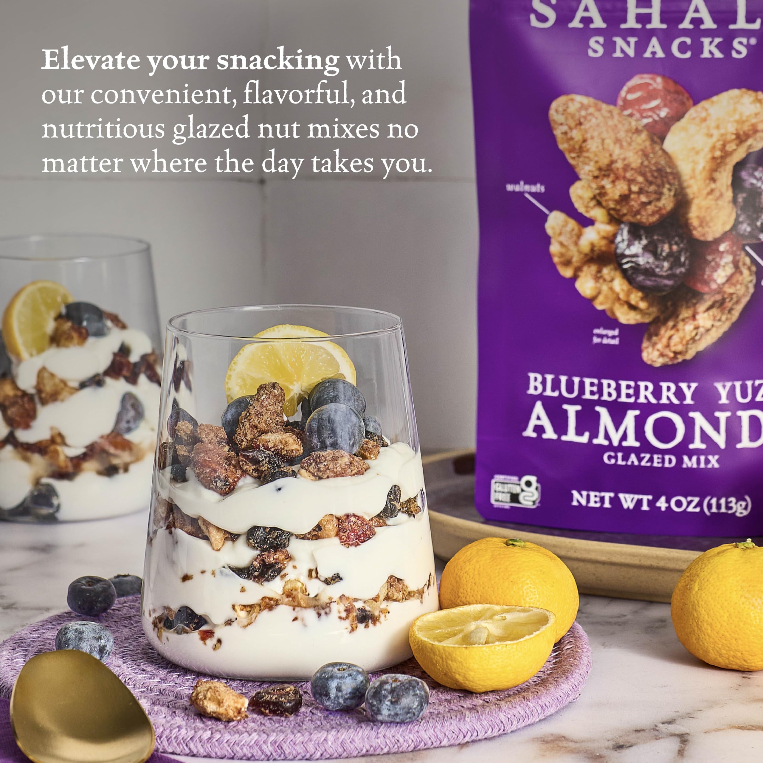 Sahale Snacks pouch beside a ruler illustrating the compact single-serve size