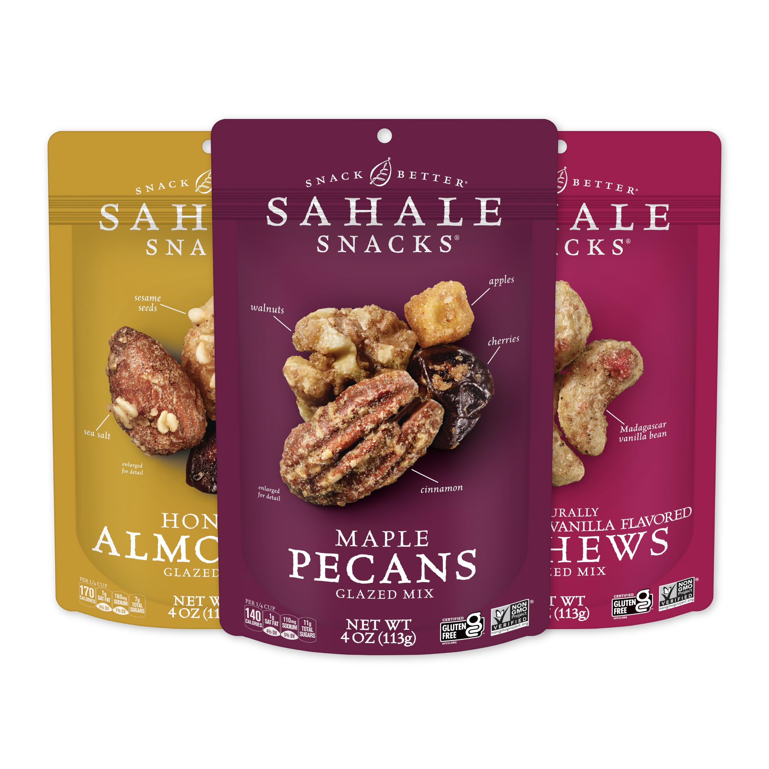 Sahale Snacks variety pack front view showing six resealable pouches for portability