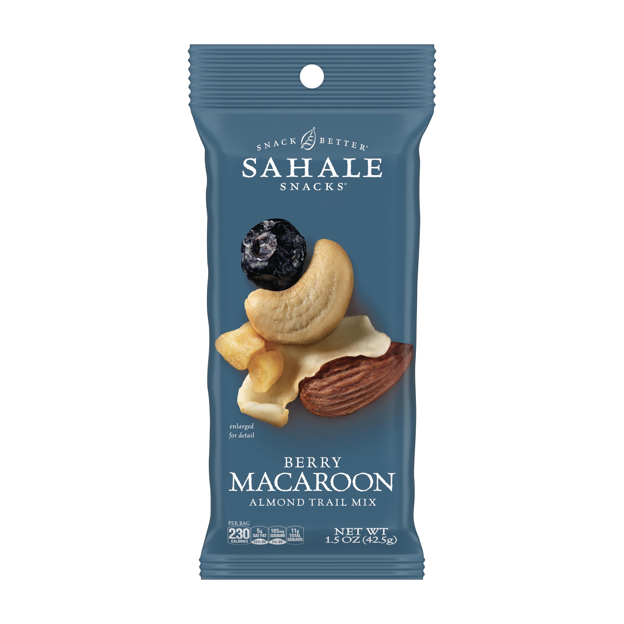 Sahale Snacks front package showing 18 single-serve pouches and branding benefit convenience