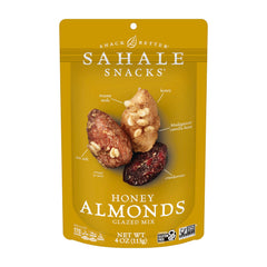Sahale Snacks front pack showing honey almonds mix and resealable pouch benefit