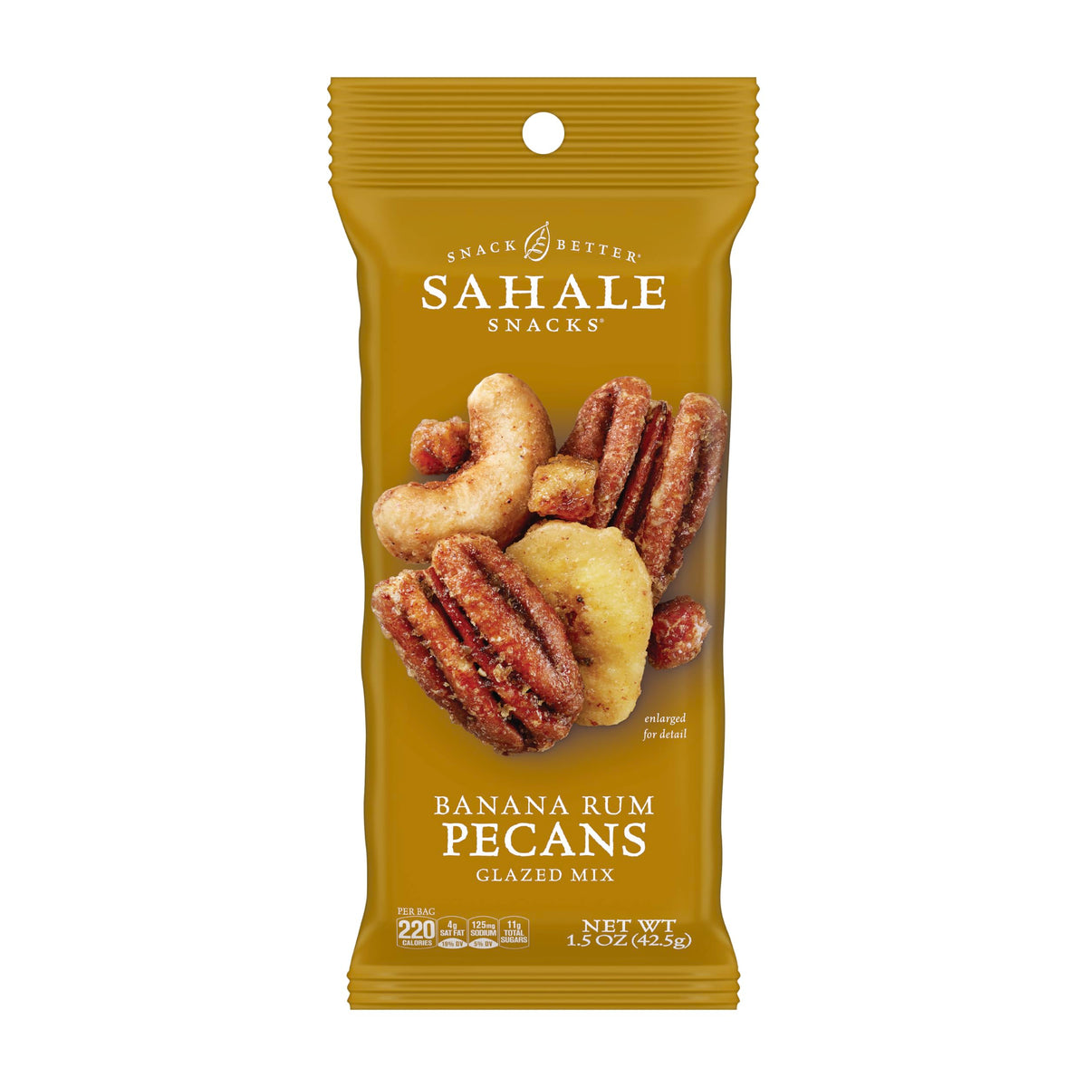 Sahale Snacks front packaging showing banana rum pecans flavor and convenient pouches