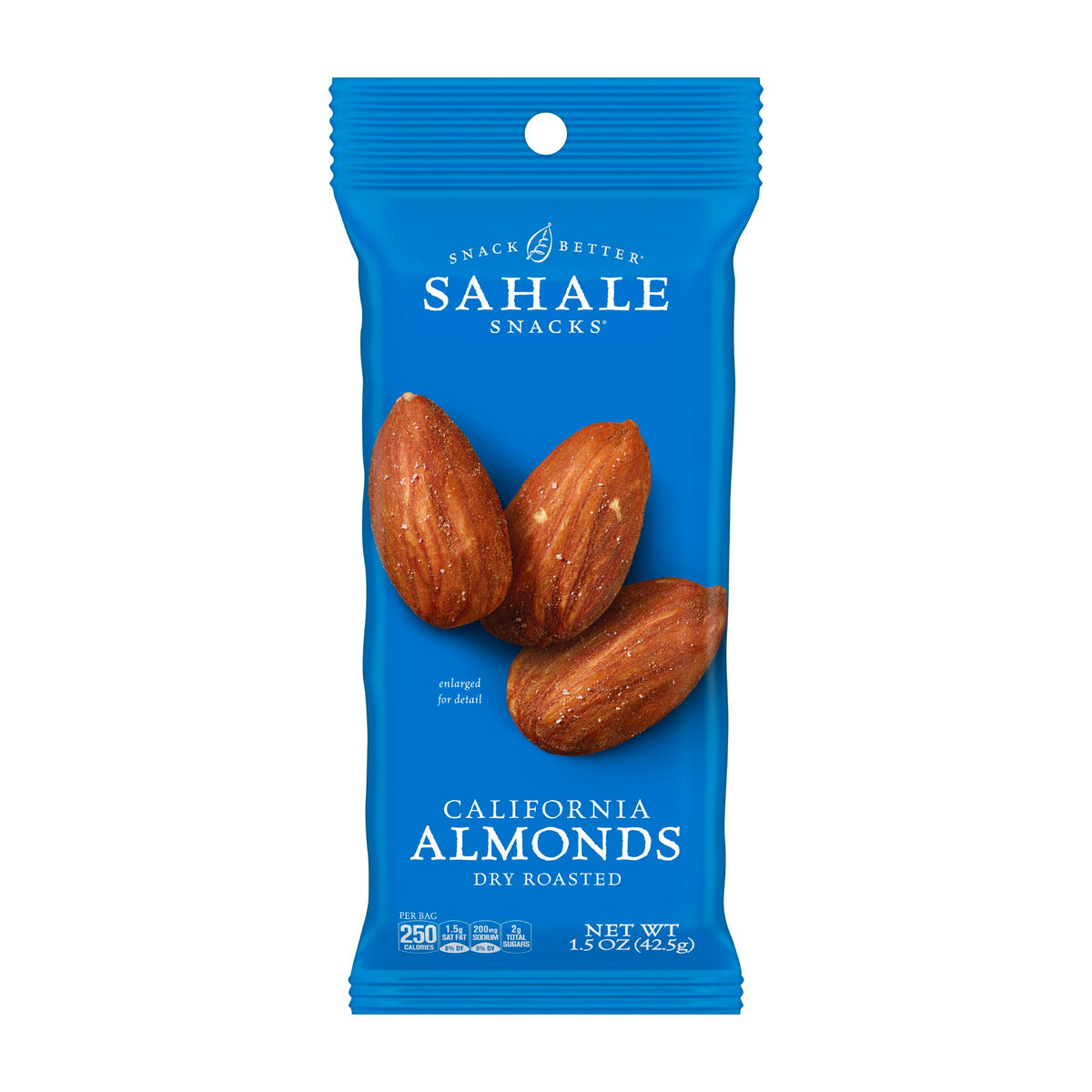Sahale Snacks front packaging showing 18 single-serve pouches and branding benefit convenience