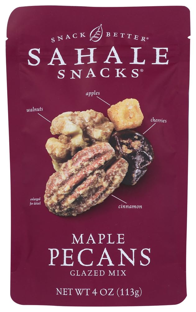 Sahale Snacks front packaging showing maple pecans and cherries, convenient travel snack
