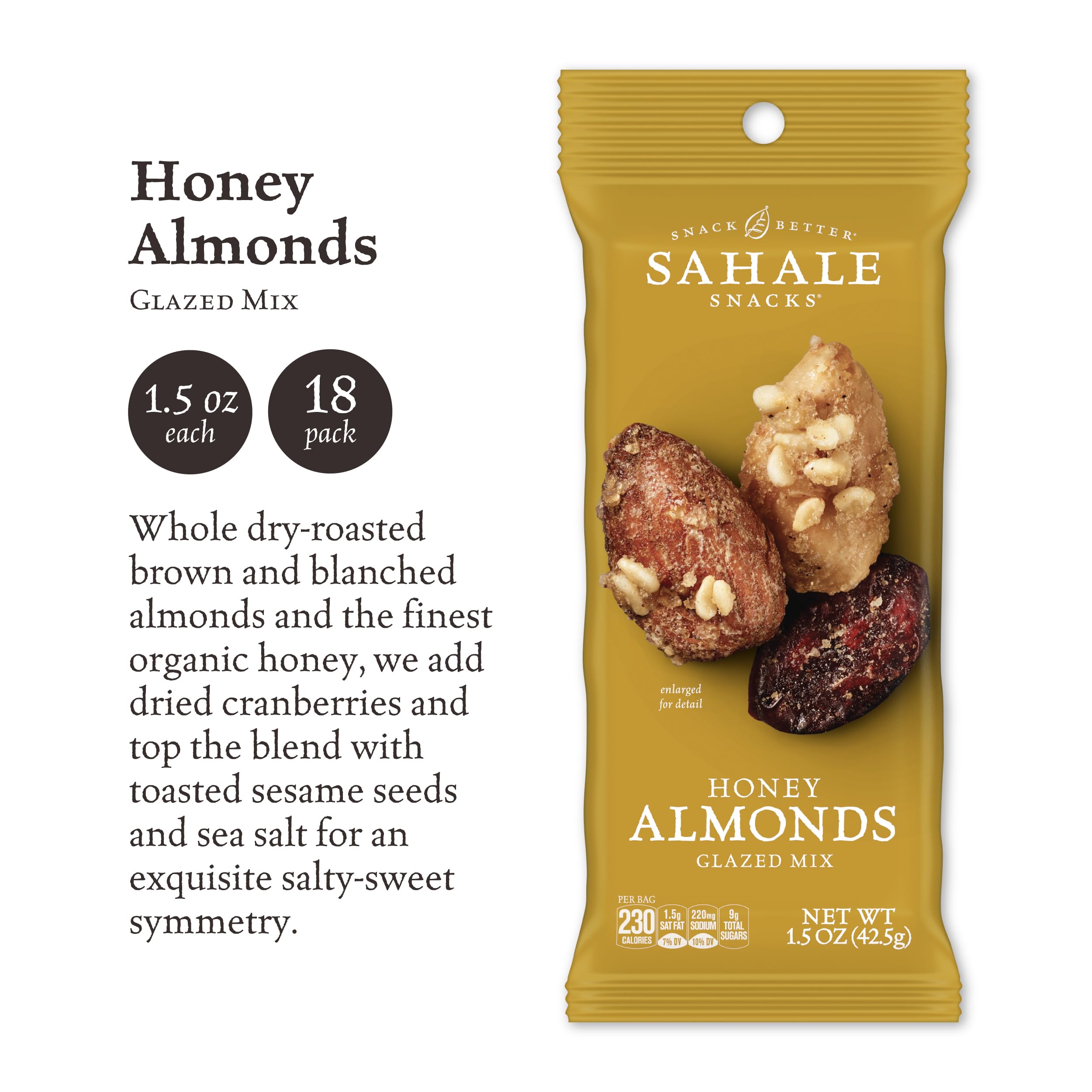 Sahale Snacks open pouch showing honey-vanilla glaze and texture benefit