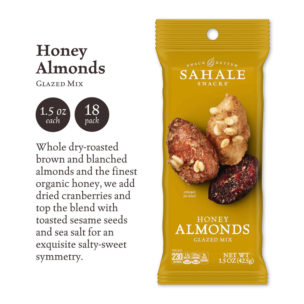 Sahale Snacks open pouch showing honey-vanilla glaze and texture benefit