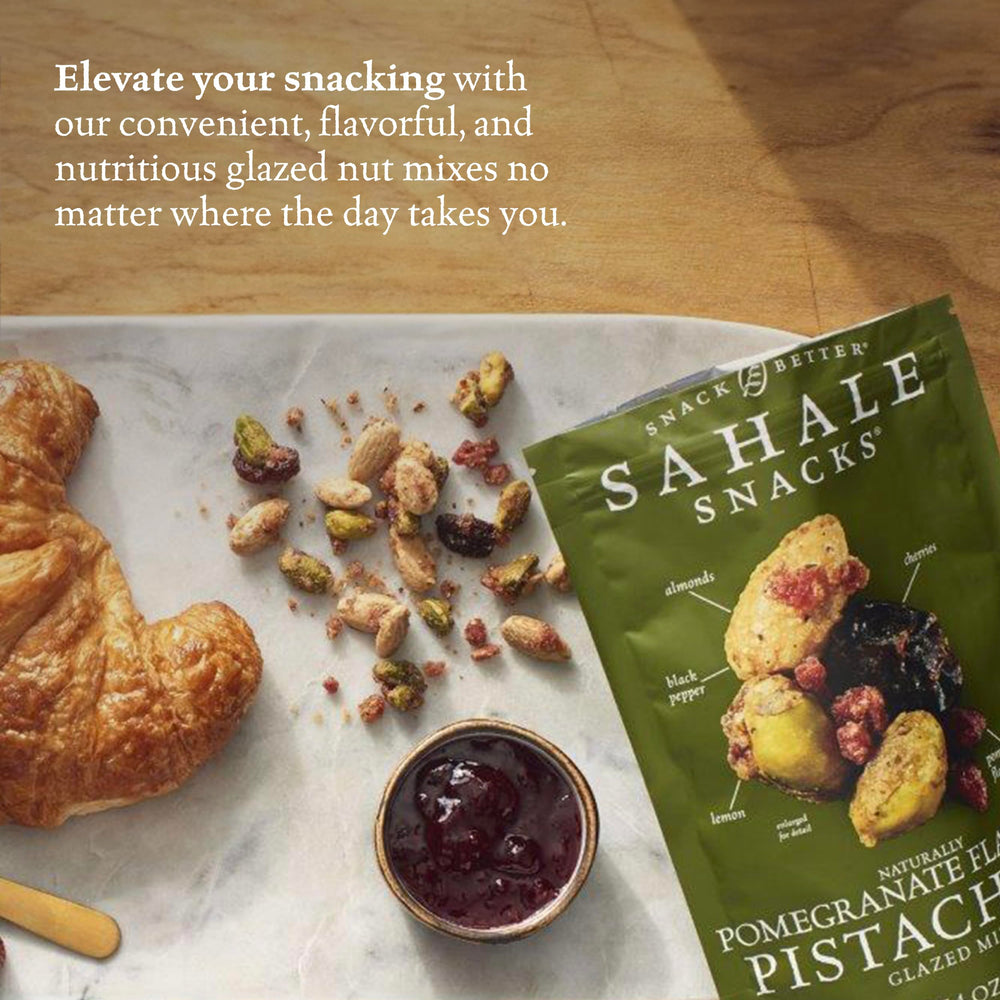 Sahale Snacks pouch in hand to show 1.5 oz single-serve convenience