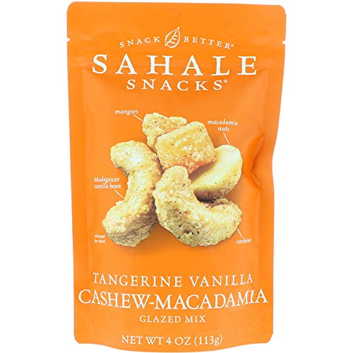 Sahale Snacks front packaging of tangerine vanilla cashew macadamia mix with clear branding and benefits