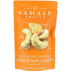 Sahale Snacks front packaging of tangerine vanilla cashew macadamia mix with clear branding and benefits