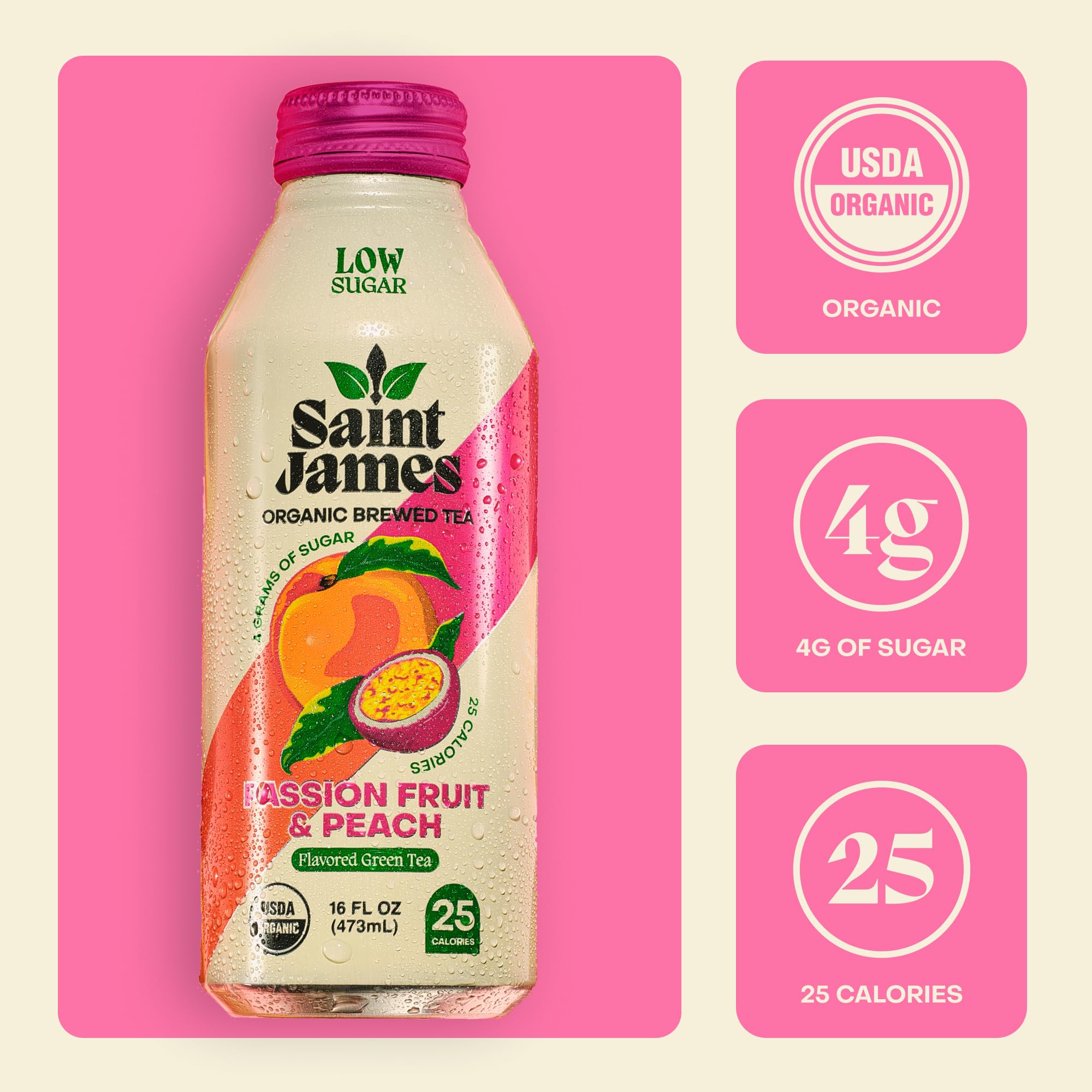 Saint James label close-up highlighting organic green tea and ingredient clarity