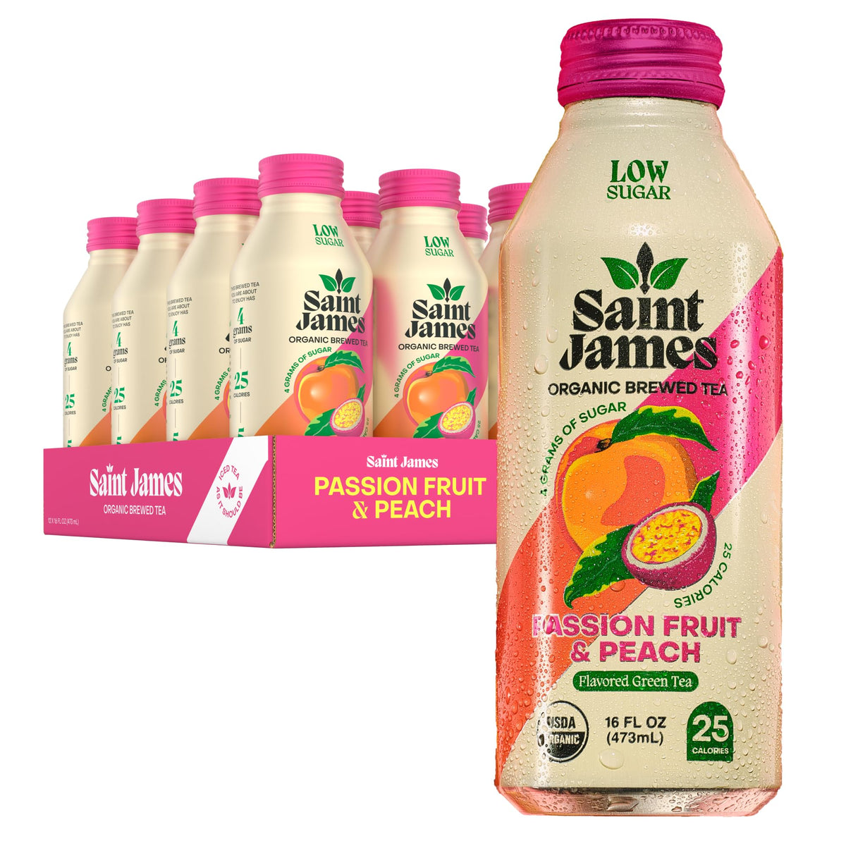 Saint James bottle front packaging shows tropical flavor and low-calorie benefit