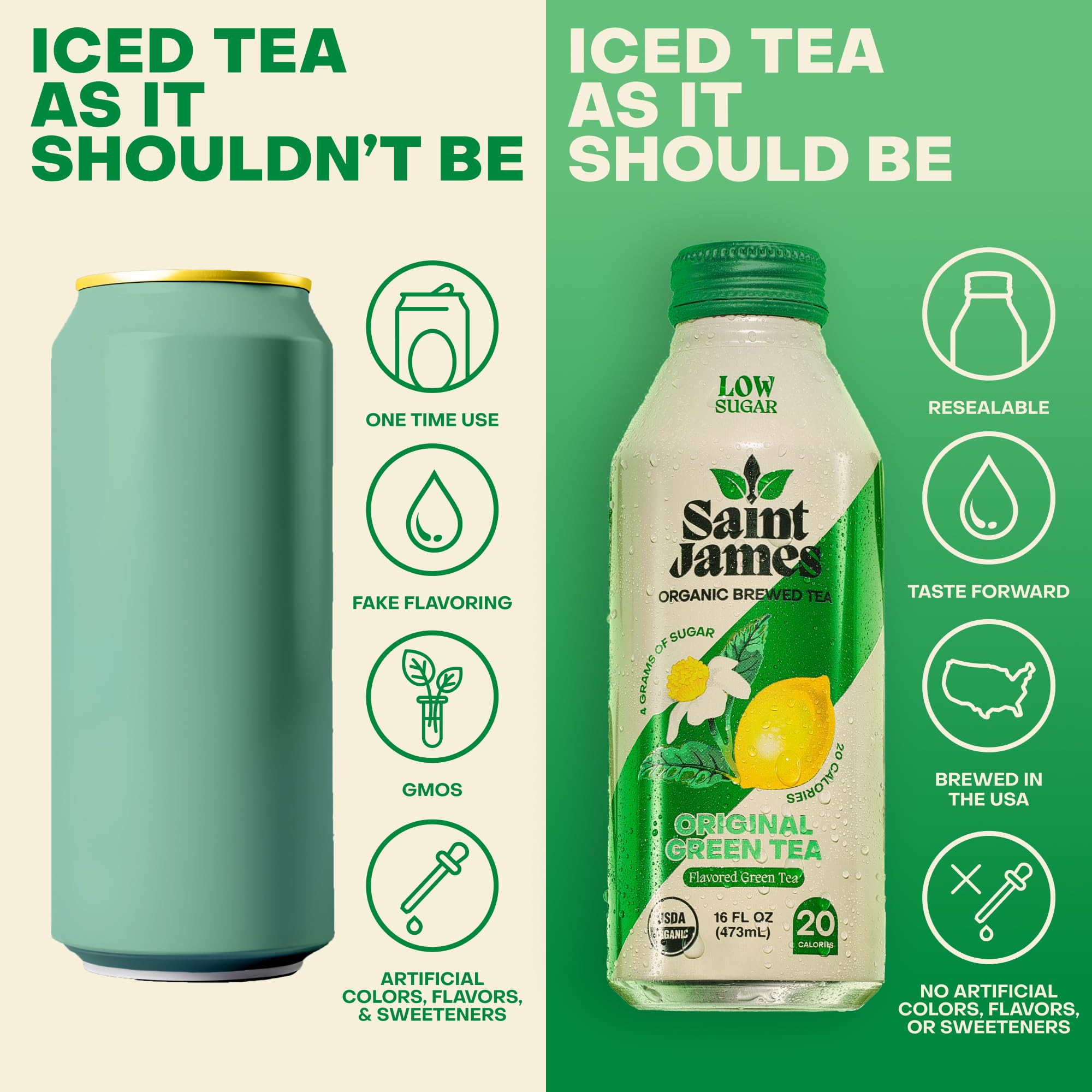 Saint James pouring green tea into a glass illustrating clear color