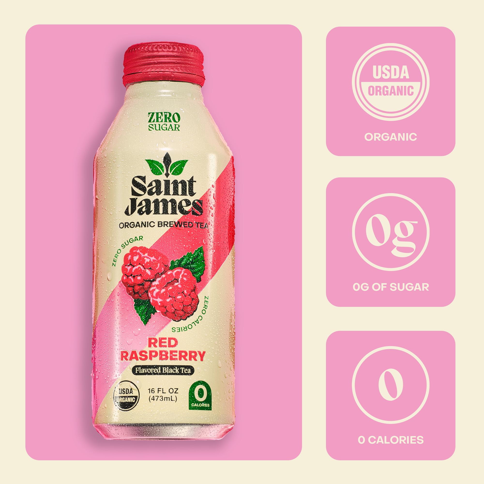 Saint James close-up of can label highlighting organic black tea and clear branding benefit
