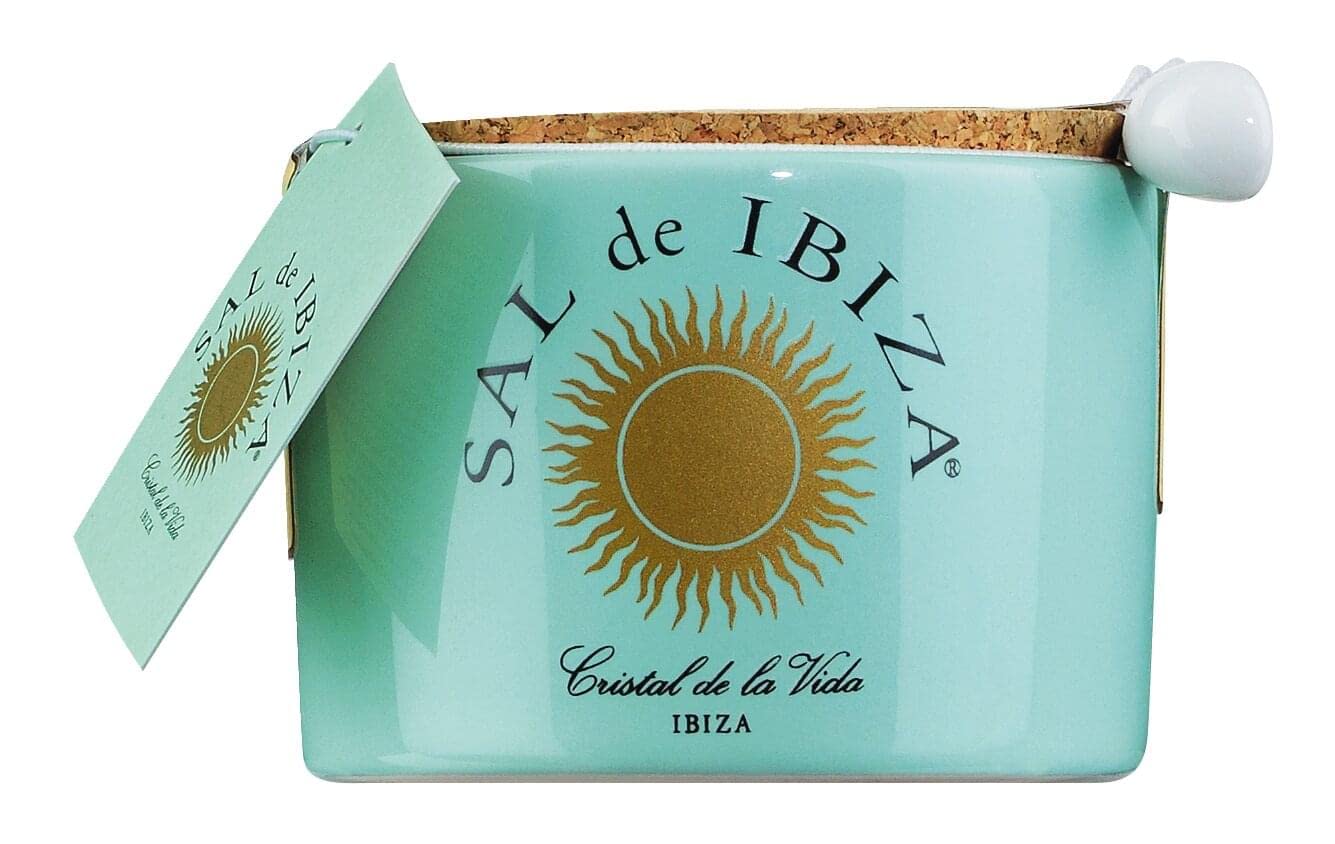 Sal de Ibiza ceramic pot front view showing turquoise jar and spoon, stylish serving