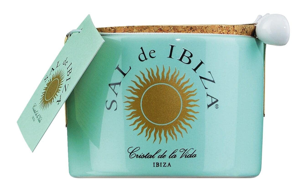 Sal de Ibiza ceramic pot front view showing turquoise jar and spoon, stylish serving
